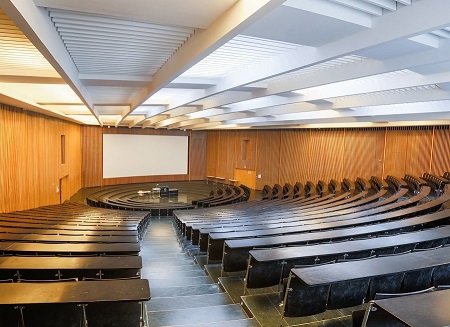 A large, empty lecture hall